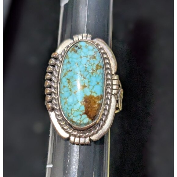 Sterling Silver Turquoise Oval Ring Sz 6.5 Intricate Design J.S. 925 Marking - Picture 1 of 15